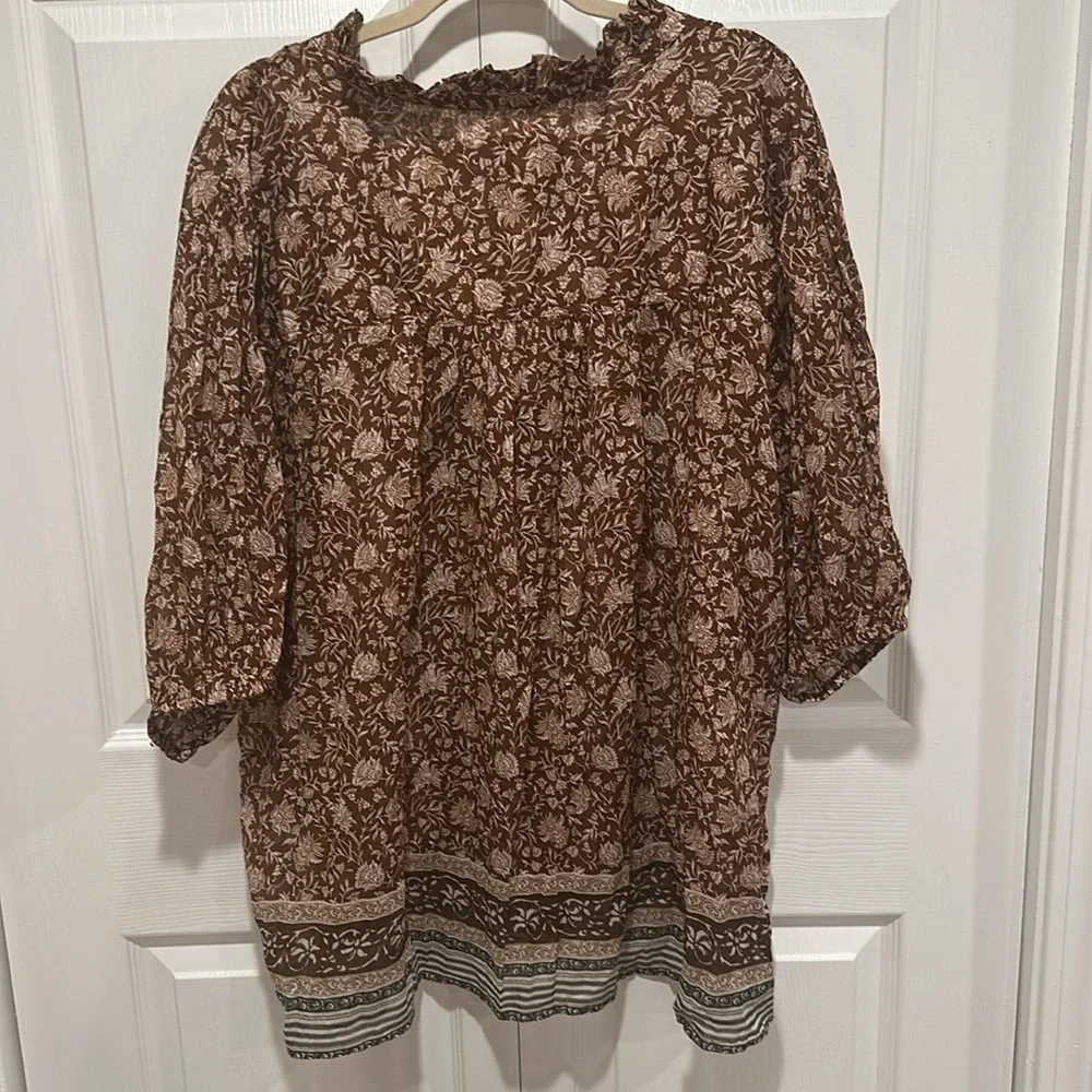 FREE PEOPLE We The Free Batik Border Bohemian Brown Floral Women's Top
